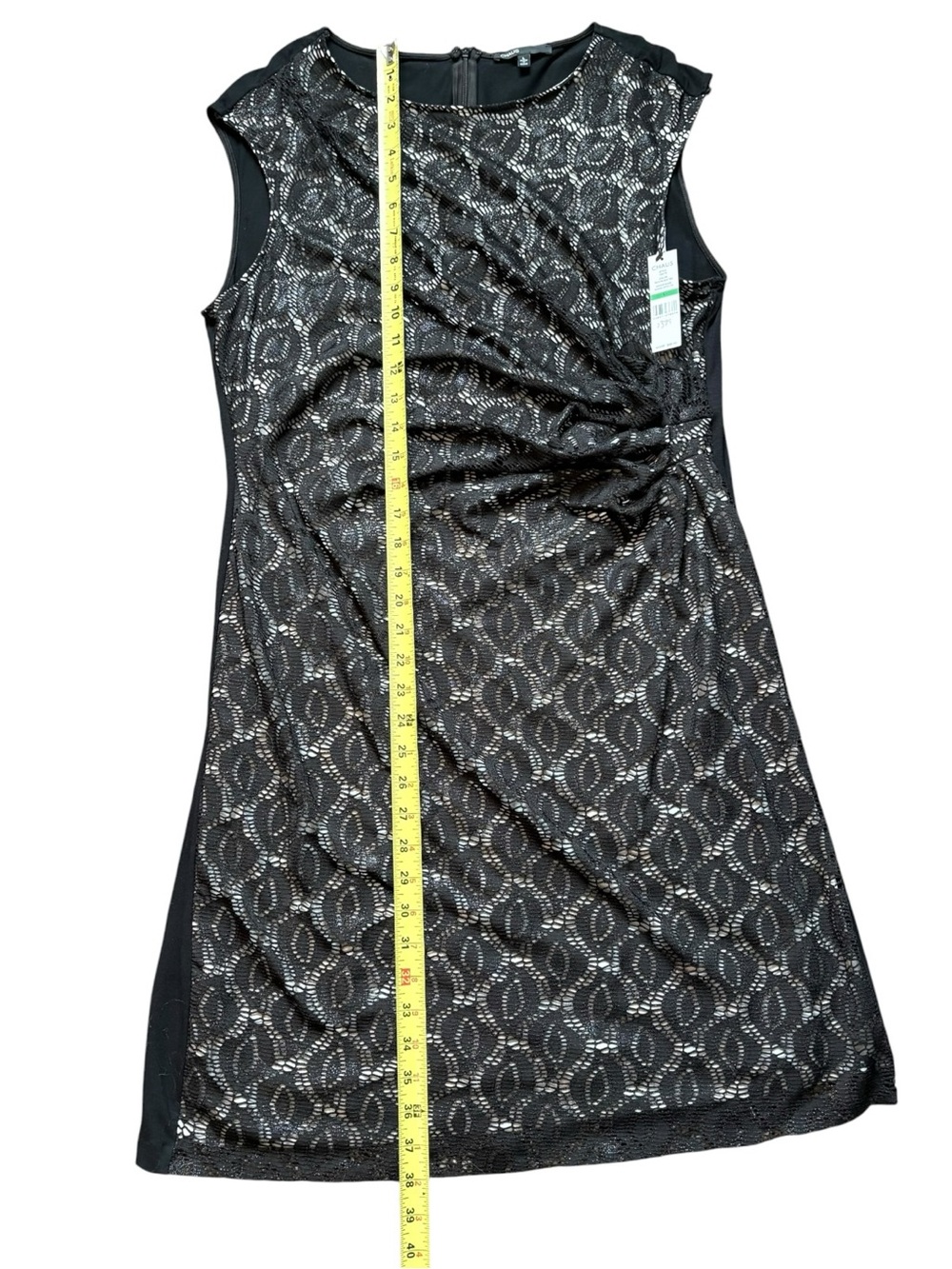 Chaus Black Metallic Lace Ruched Sheath Cocktail Dress Sleeveless Midi Size L - Picture 7 of 8